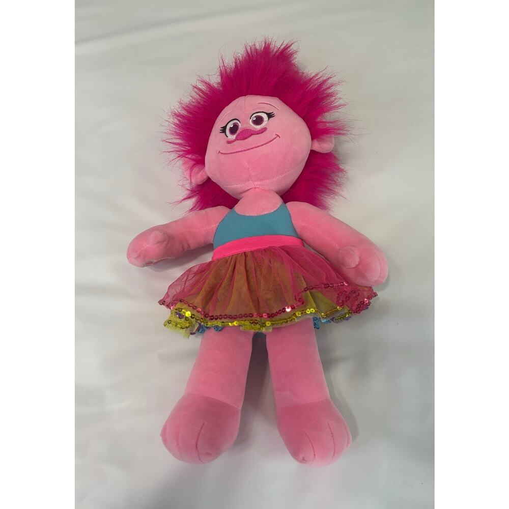 Disney Dreamworks Trolls Princess Poppu plush toy, pink with mult color skirt